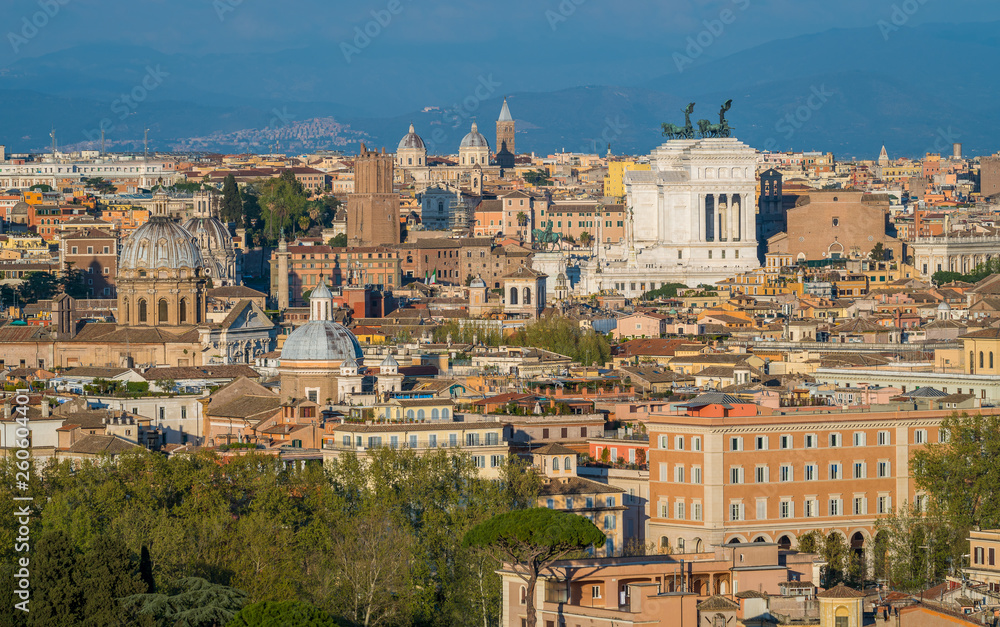 Panorama from the Gianicolo Terrace with the Altare della Patria, in Rome, Italy.