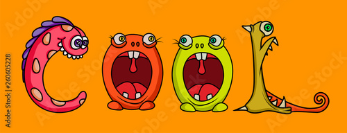 Word "Cool" stilyzed monster letters. Template for banner, poster,  greeting card, photo overlay or t-shirt design