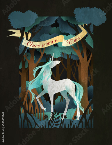 Unicorn in front of magic forest. Fairy tale book cover or poster template