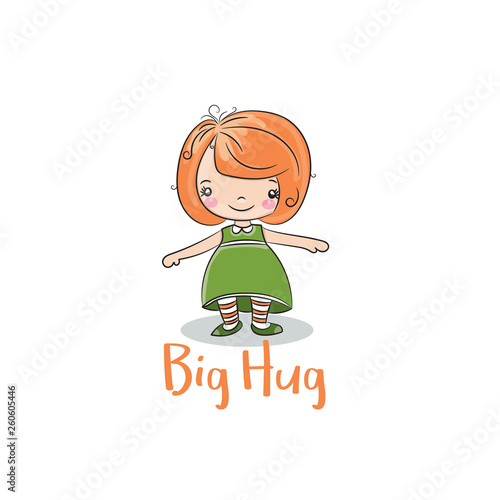 Cute little girl giving hugs cartoon style. Design elements for greeting cards, invitations, prints and other.