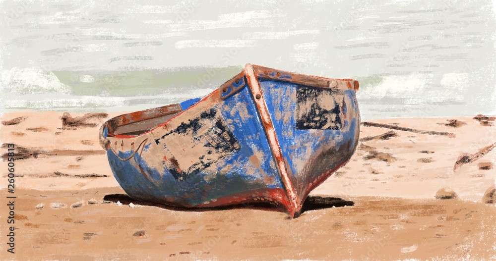Solitary wooden fishing boat at sea beach Solitary wooden fishing boat at sea beach