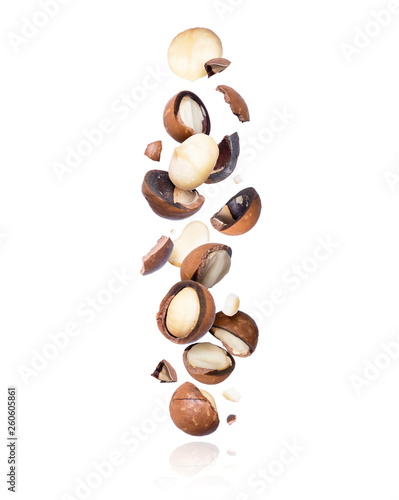 Cracked macadamia nuts fall down isolated on white background photo