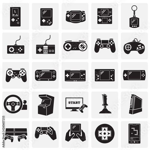 Gaming icons set on sqaures background for graphic and web design. Simple vector sign. Internet concept symbol for website button or mobile app.