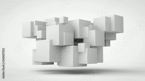 3D animation of many cubes in the space of merging and separating.
