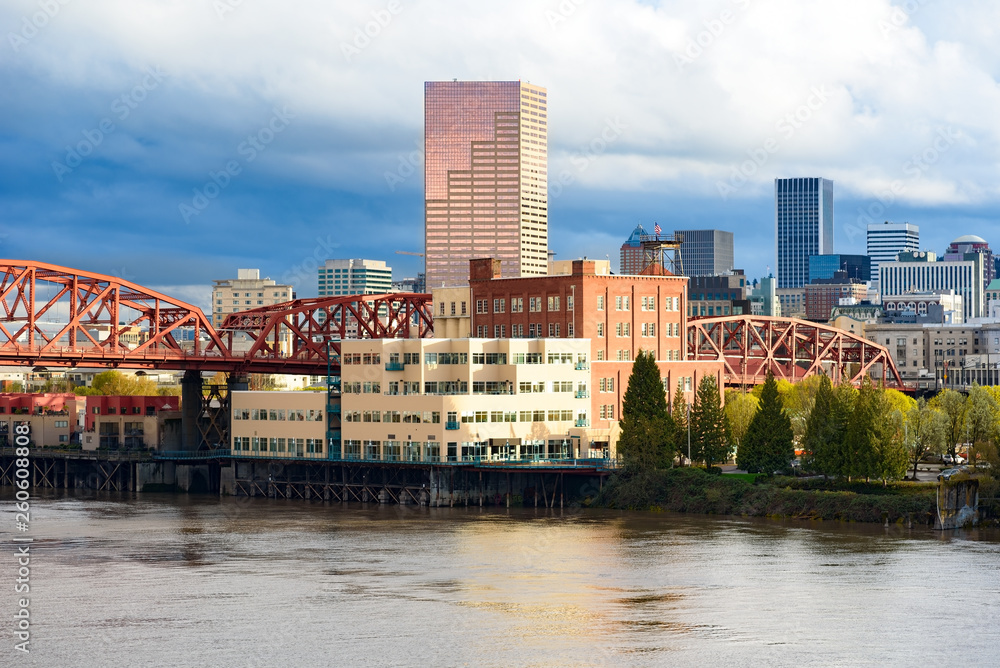 Day view of Portland, Oregon downtown from Willamette river bank