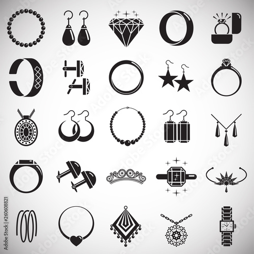 Jewelry icons set on white background for graphic and web design. Simple vector sign. Internet concept symbol for website button or mobile app.