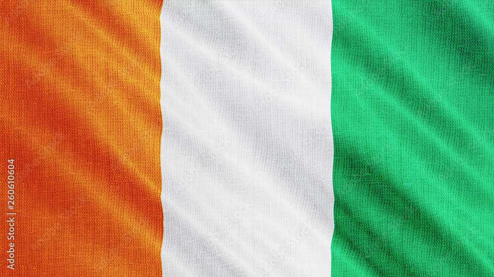 Fototapeta premium Ivory Coast flag is waving 3D illustration. Symbol of Cote d'Ivoire national on fabric cloth 3D rendering in full perspective.