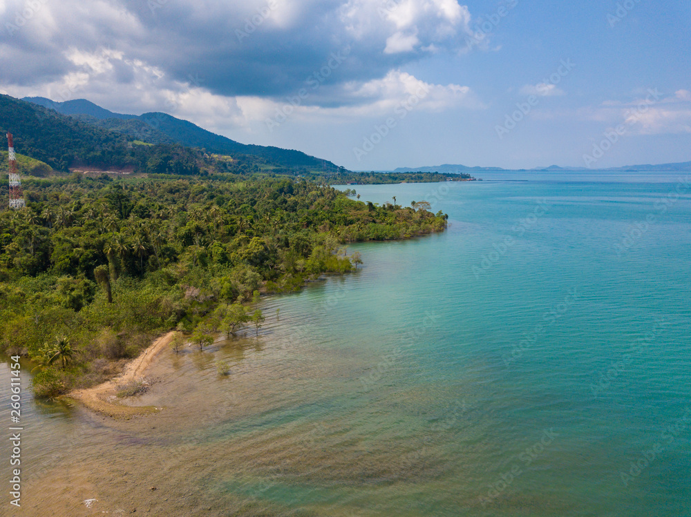 Aerial view to small river flows into the sea on the Koh Chang island, Thailand