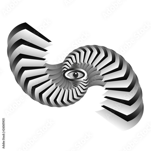 Abstract twisting and bending, black and white steps,gradation. Surrealism. Dynamic illusion in the style of Escher. 3D object eye. Psychology and philosophy, a sample for printing.