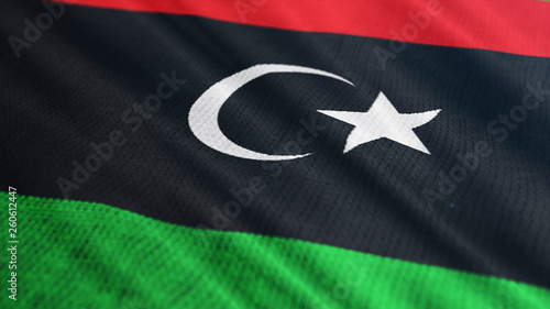 Libya flag is waving 3D illustration. Symbol of Libyan an national on fabric cloth 3D rendering in full perspective.