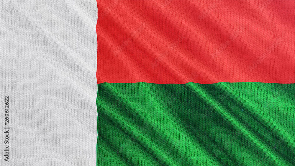 Madagascar flag is waving 3D illustration. Symbol of Madagascar an national on fabric cloth 3D rendering in full perspective.