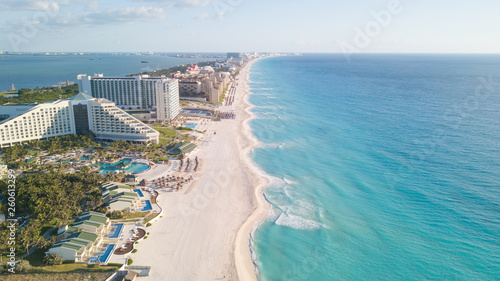 Beautiful beach in Cancun, aerial view. Zona Hoteliera. Caribbean coast, Yucatan, Mexico photo