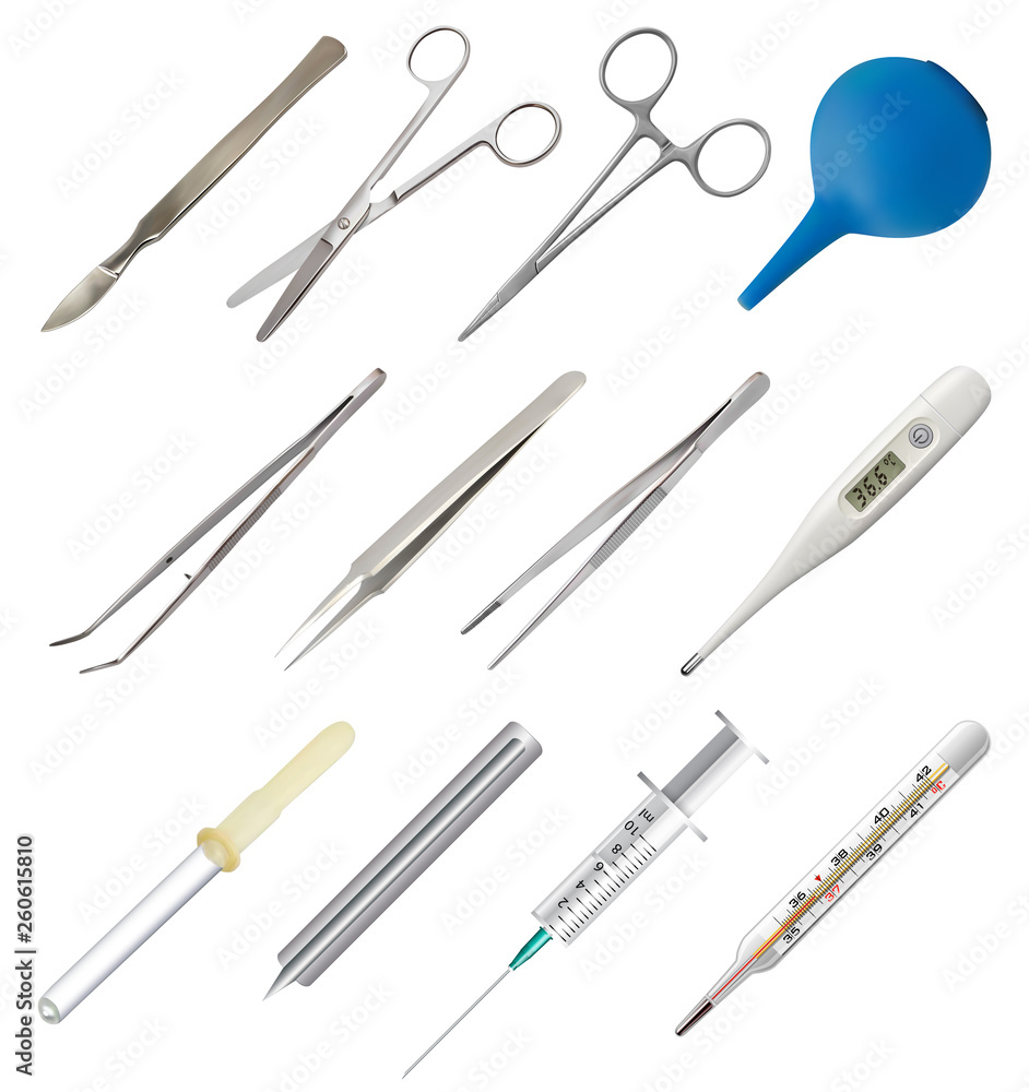 Naklejka premium Set of medical hand tools. Tweezers different types, all-metal reusable scalpel, clip fastener, surgical scissors, glass pipette, disposable syringe, blood lancet, thermometer, rubber enema. Vector