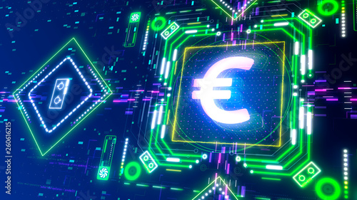 The euro money mining sign concept. Glow neon color and hi-tech cyber security