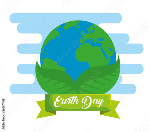 planet wth leaves and ribbon to earth day