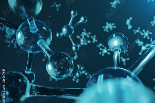 3D illustration molecule structure. Scientific medical background with atoms and molecules. Scientific background for your banner, flyer, template, text. Molecule consists of atoms chemical element