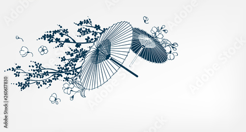 japanese traditional vector illustration umbrella sakura card background photo