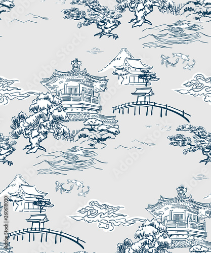 japanese temple view vector pattern pine mountains
