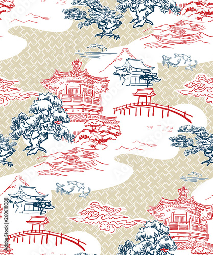 japanese temple view vector pattern pine mountains