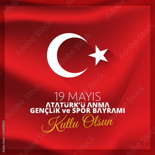 vector illustration 19 mayis Ataturk'u Anma, Genclik ve Spor Bayramiz , translation: 19 may Commemoration of Ataturk, Youth and Sports Day, graphic design to the Turkish holiday, children logo