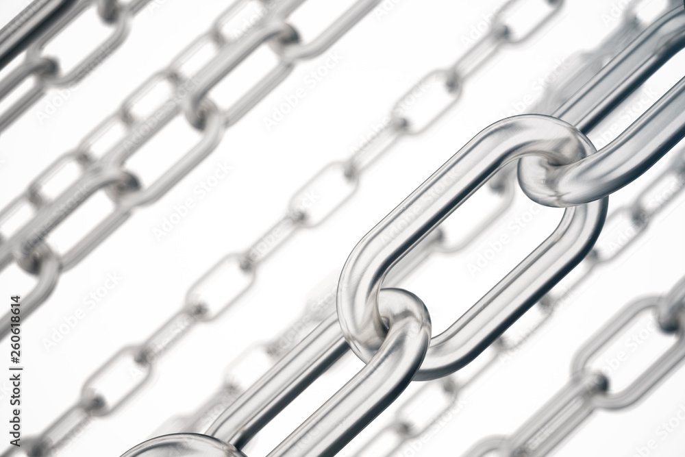 Fototapeta premium 3D illustration metal chains. Metal, steel chains isolated on white background. Metal chains for industrial. Very durable metal chains, the concept of success. Strong link concept