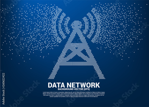 Vector antenna tower icon pixel transform style. Concept for data transfer of mobile and wi-fi data network.