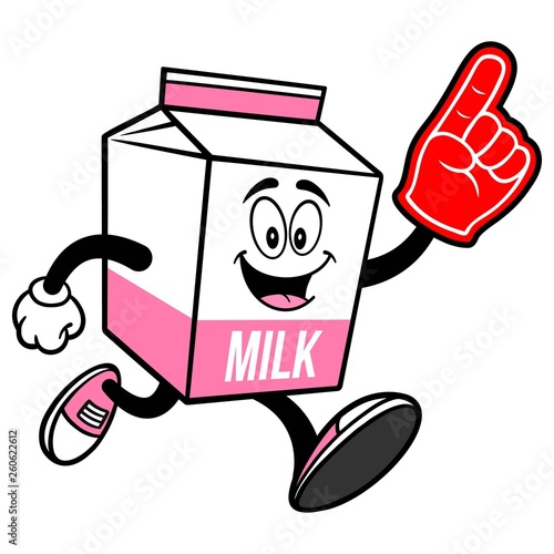 Strawberry Milk Carton Mascot running with a Foam Finger - A cartoon illustration of a Strawberry Milk carton mascot.