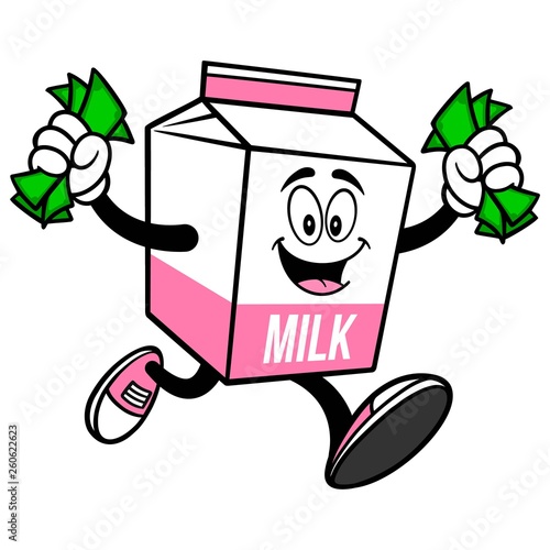Strawberry Milk Carton Mascot running with Money - A cartoon illustration of a Strawberry Milk carton mascot.