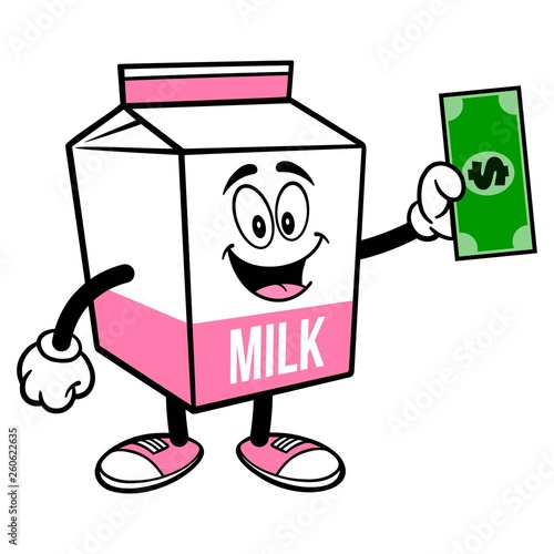 Strawberry Milk Carton Mascot with a Dollar - A cartoon illustration of a Strawberry Milk carton mascot.