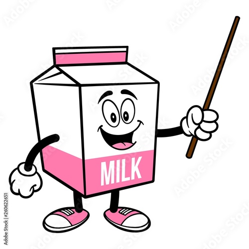 Strawberry Milk Carton Mascot with a Pointer Stick - A cartoon illustration of a Strawberry Milk carton mascot.