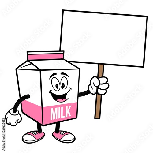 Strawberry Milk Carton Mascot with a Sign - A cartoon illustration of a Strawberry Milk carton mascot.