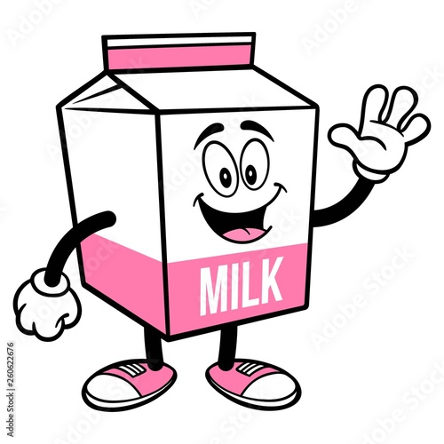 Strawberry Milk Carton Mascot Waving - A cartoon illustration of a Strawberry Milk carton mascot.
