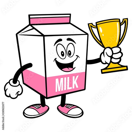 Strawberry Milk Carton Mascot with a Trophy - A cartoon illustration of a Strawberry Milk carton mascot.