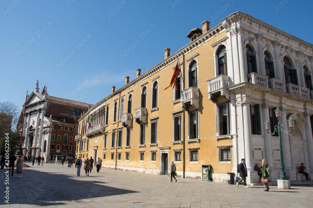  St. Stephen`s square  and Ponte Giustinian,in Venice,Italy,2019