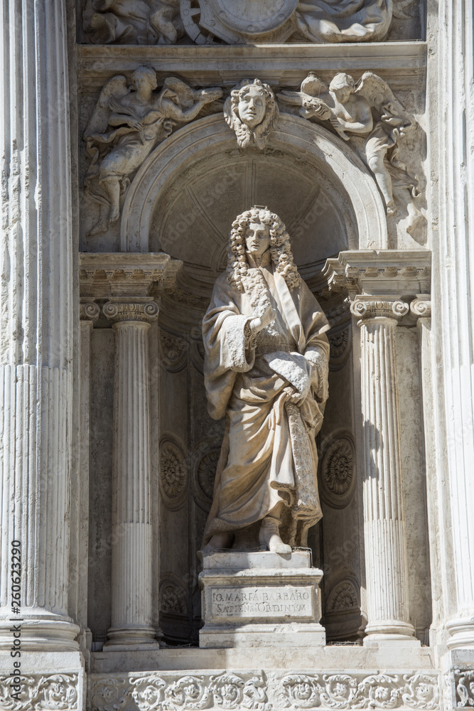 facade of Santa Maria del Giglio church (Santa Maria Zobenigo) in Venice, Italy,march,2019,Statue of Maria Barbaro.