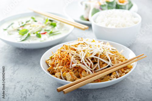 Pad Thai noodles with chicken and bean sprouts photo