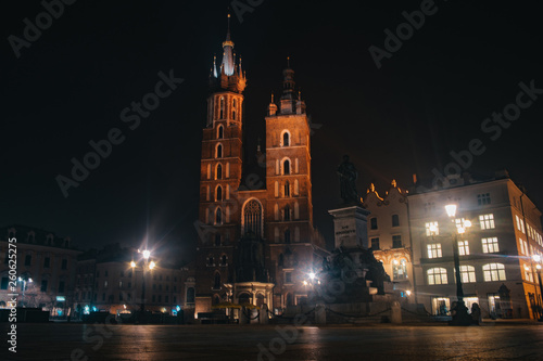 St. Mary s Basilica  Krak  w. Famous and important polish landmark and part of national history at night time background