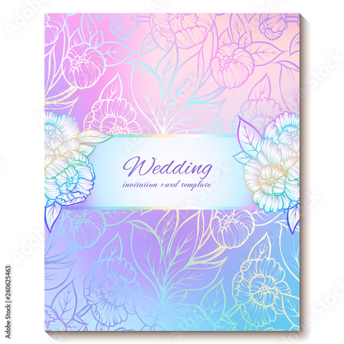 Colorful pastel blue violet pink soft floral bright invitation card with place for text. Abstract aquarelle magic cool colors hand drawn peony flowers design with blur texture background © miamilky