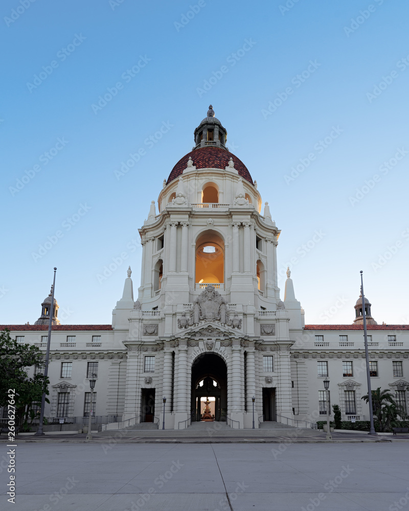 Image showing the beautiful Pasadena City Hall under stunning morning light, with soft sun rays entering the tower and making it glow.