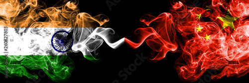 India vs China  Chinese smoke flags placed side by side. Thick colored silky smoke flags of Indian and China  Chinese