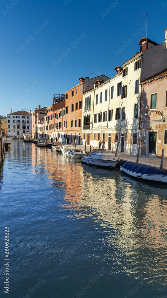 old buildings and boats on canal  in Venice, Italy,2019