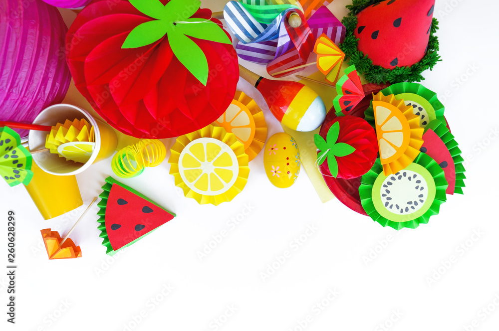 Decor for a holiday of children's birthday. Fruit party. Cake and sweet candy.