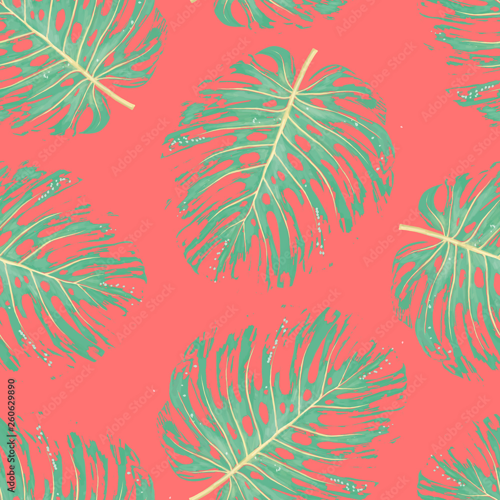 tropical botanical plants, background with leaves of coconut and banana design card jungle leaf background design vertical frame living coral color background