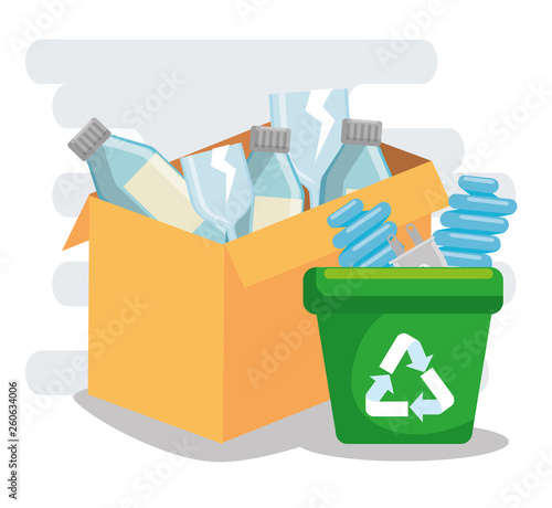 box and recycle trash with plastic bottles and save bulbs