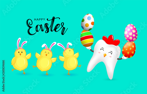 Cute cartoon hen tooth character design with Easter eggs and  little chicks. Happy Easter holiday concept. Vector illustration isolated on green background.