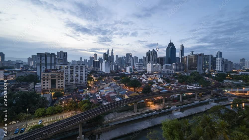 Morning landscape, aerial view of Kuala Lumpur landmark during sunrise, overlooking buildings and skyscrapers of town and moving clouds, time lapse motion. Morning landscape, aerial view of Kuala Lumpur landmark during sunrise, overlooking buildings and skyscrapers of town and moving clouds, time lapse motion.