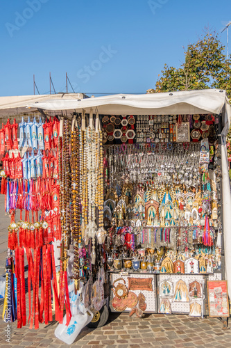 Lujan, Buenos Aires, Argentina, April 7, 2019: Sale of religious articles in street stalls in Lujan, Buenos Aires, Argentina