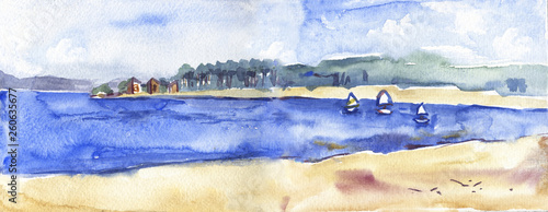Watercolor seascape, sand, sea mountain and sky.