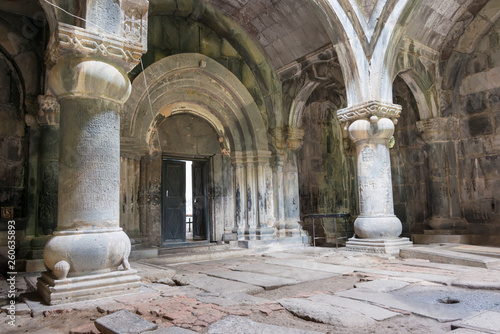 Alaverdi, Armenia - Jun 12 2018: Pillar at Sanahin Monastery in Sanahin village, Alaverdi, Lori, Armenia. It is part of the World Heritage Site - Monasteries of Haghpat and Sanahin.