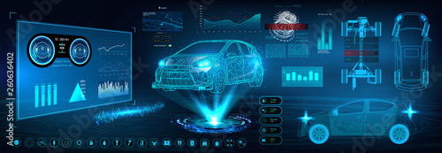 Car service in the style of HUD. Virtual graphical interface Ui HUD Autoscanning, analysis and diagnostics, Abstract vector science. Car auto service infographics. repair Futuristic user interface